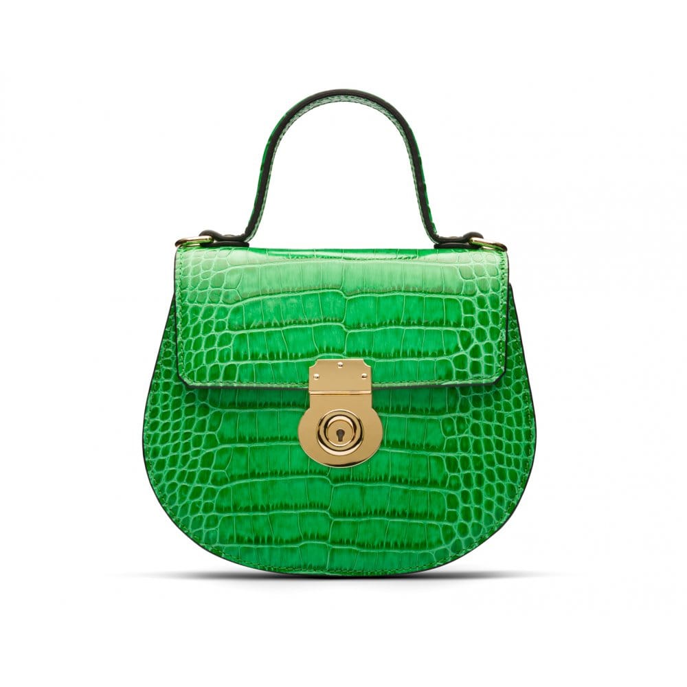 Leather rounded bottom top handle bag, emerald croc, front