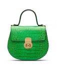 Leather rounded bottom top handle bag, emerald croc, front