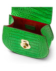 Leather rounded bottom top handle bag, emerald croc, inside