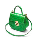 Leather rounded bottom top handle bag, emerald croc, side