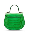 Leather rounded bottom top handle bag, emerald croc, back