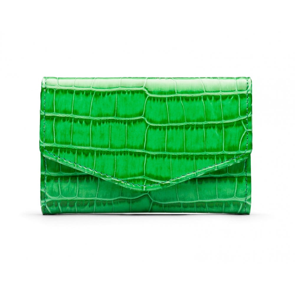 Small leather concertina purse, emerald croc, front
