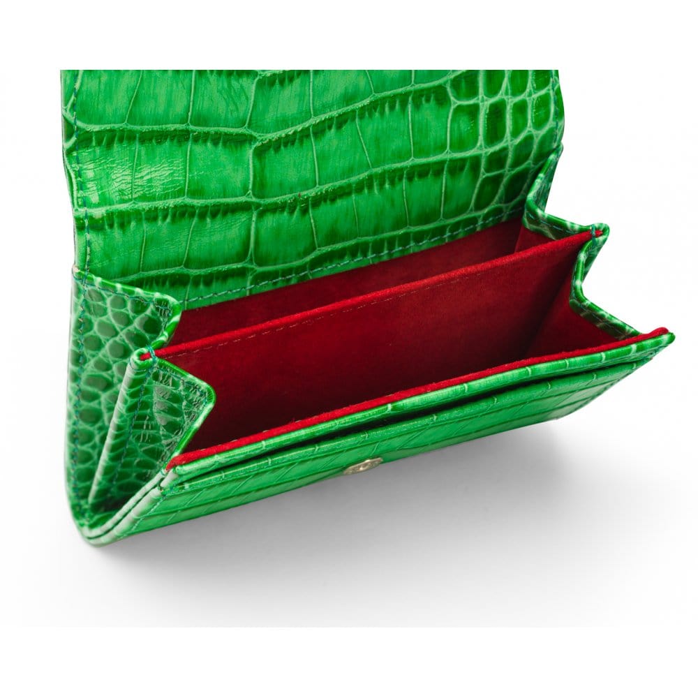 Small leather concertina purse, emerald croc, inside
