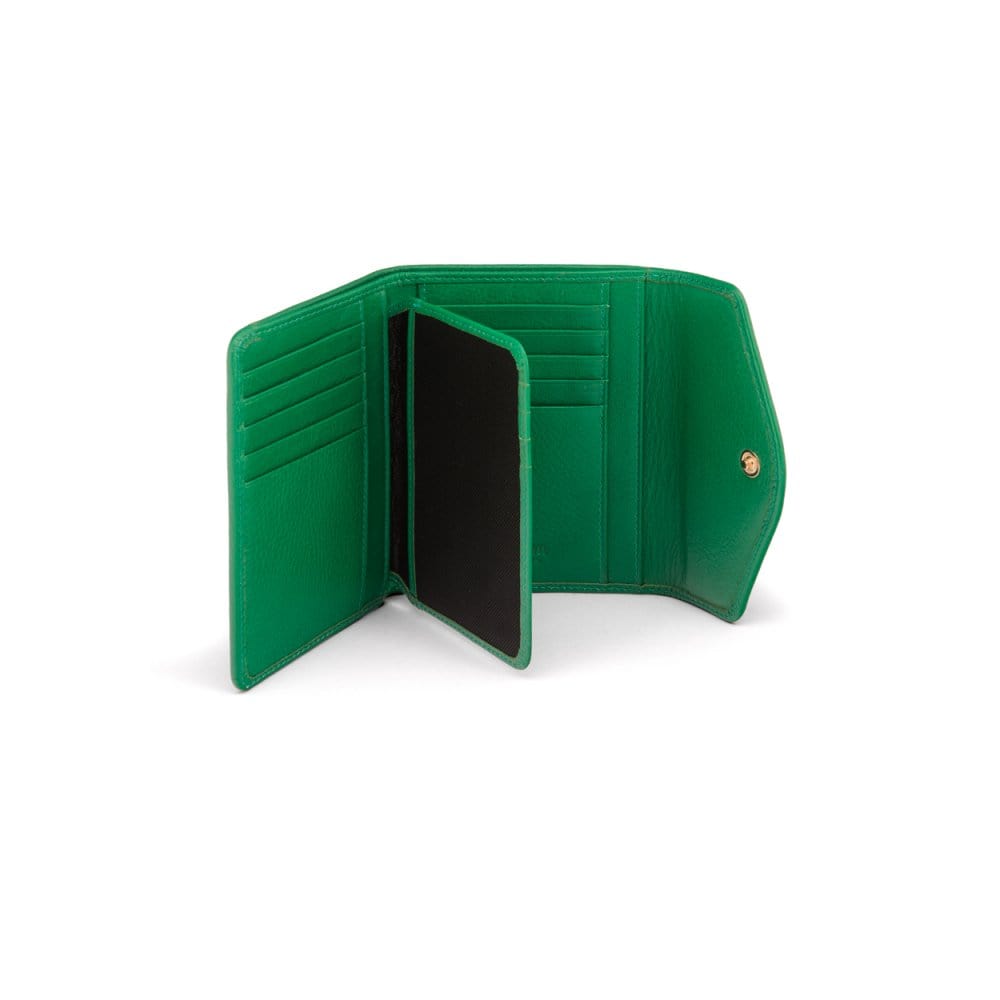 Large leather purse with 15 CC, emerald, inside