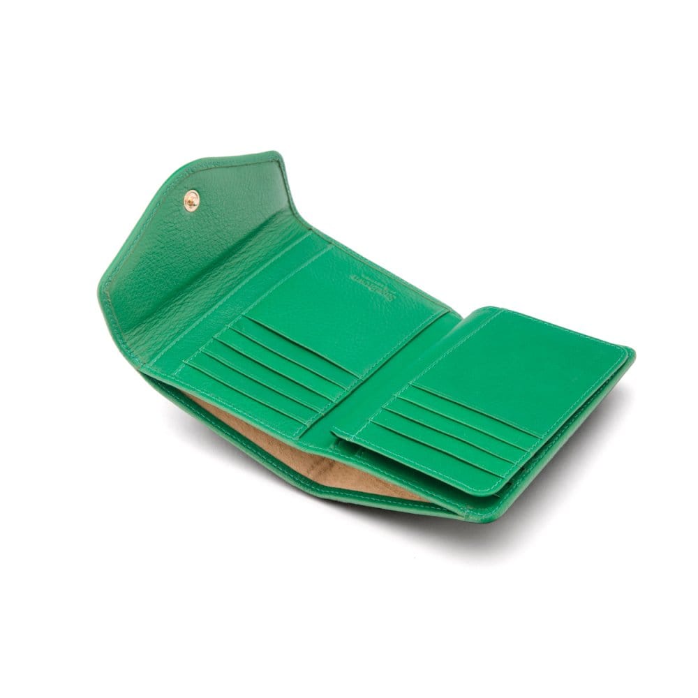 Large leather purse with 15 CC, emerald, open