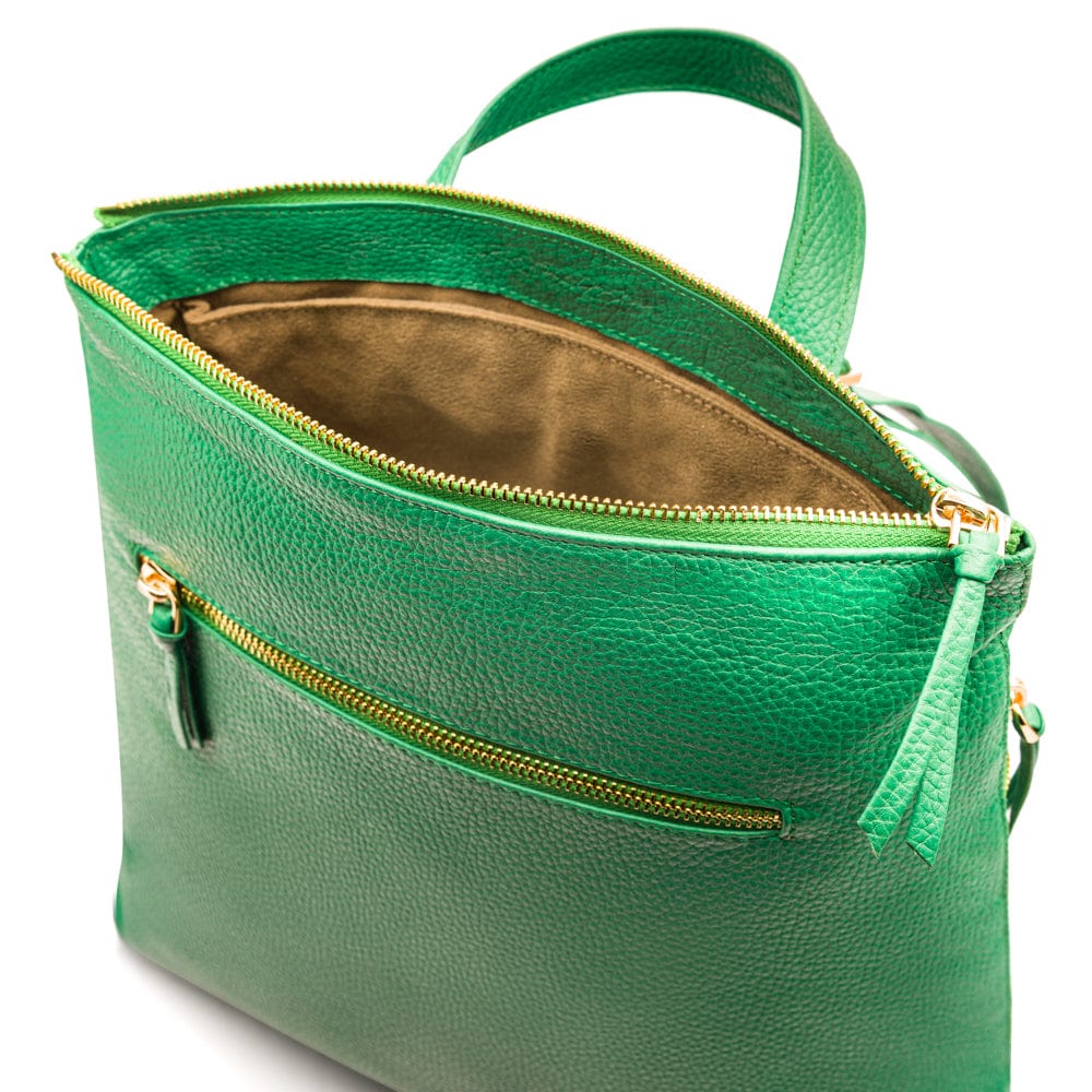 Leather 13" laptop backpack, emerald green, open view