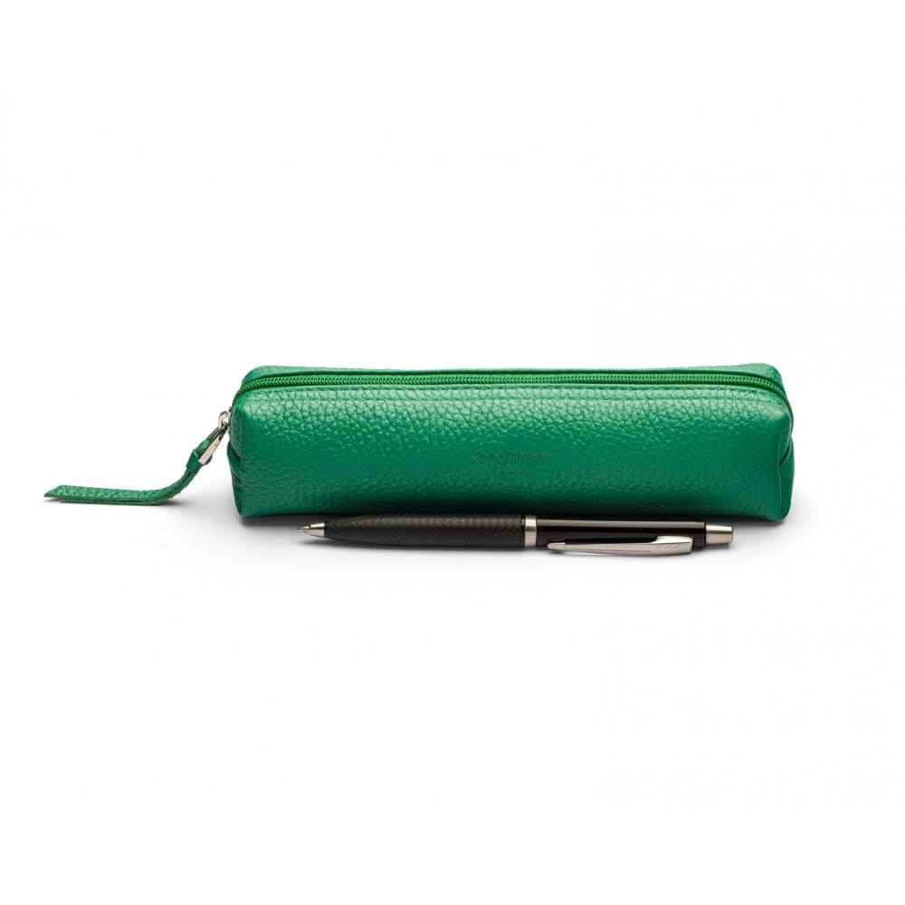 Leather pencil case, emerald, front