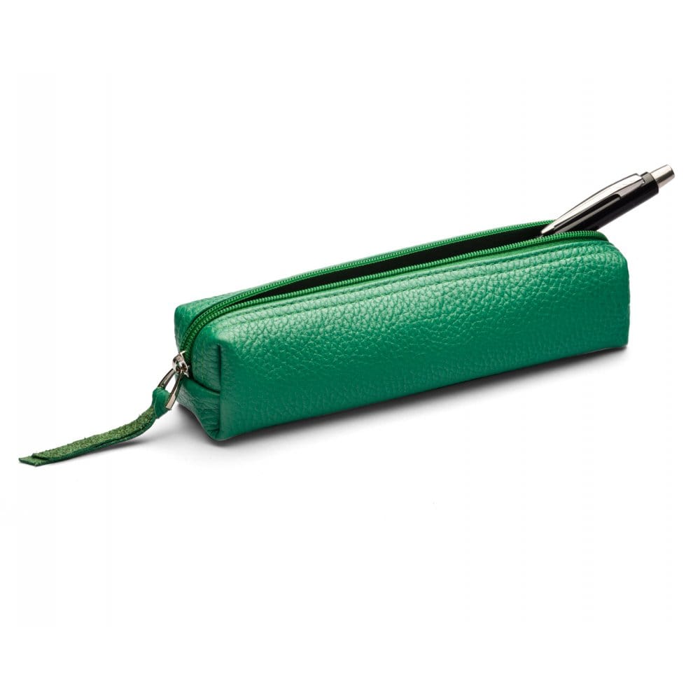 Leather pencil case, emerald, open