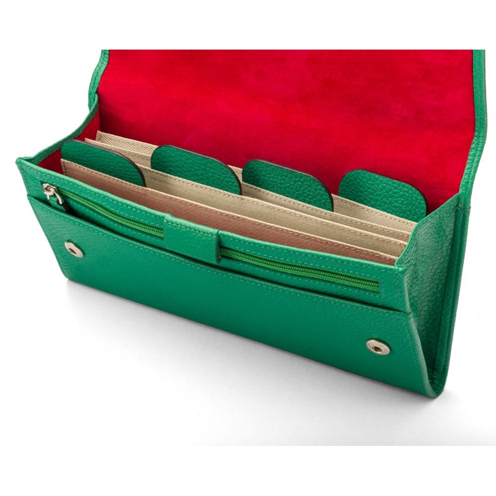 Luxury leather travel wallet, emerald, inside