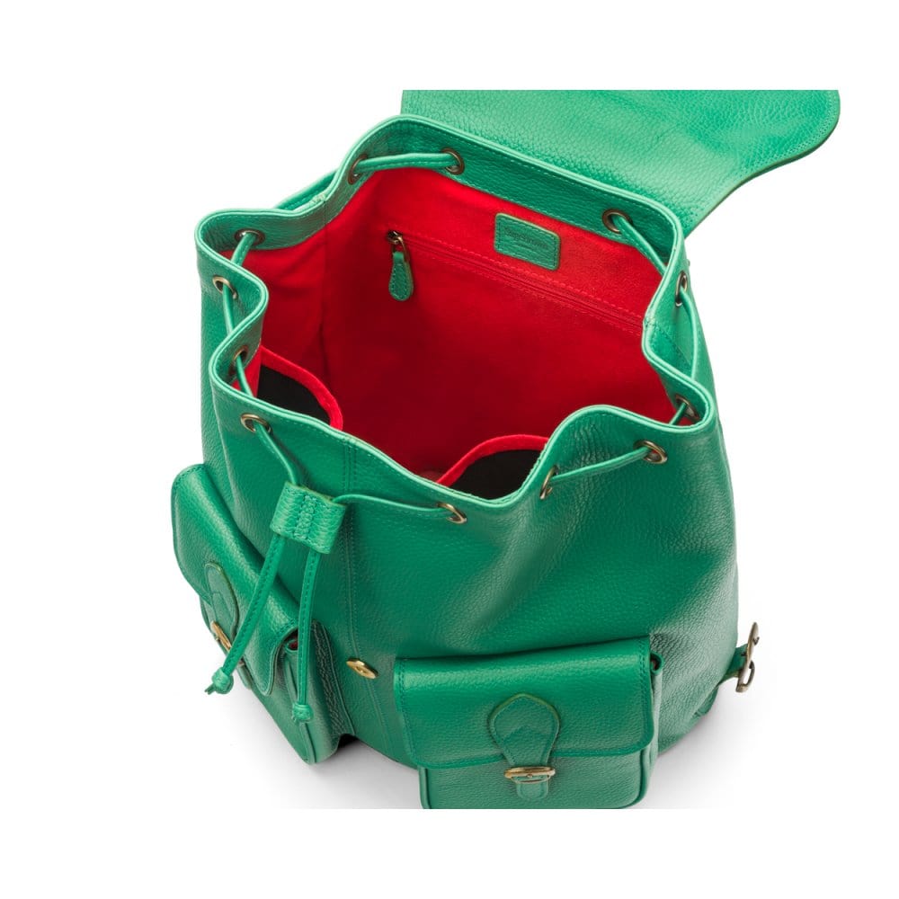 Leather backpack with pockets, emerald, inside