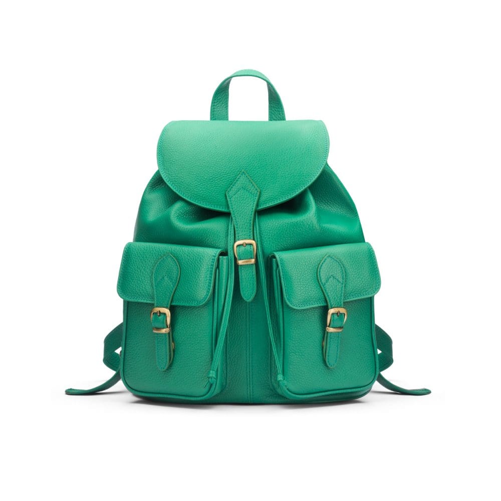 Leather backpack with pockets, emerald, front