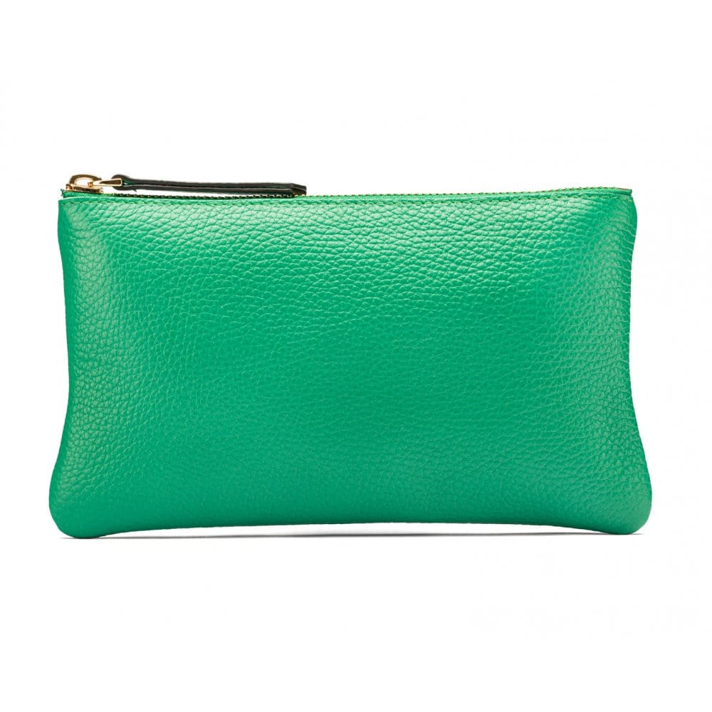 Medium leather makeup bag, emerald, front