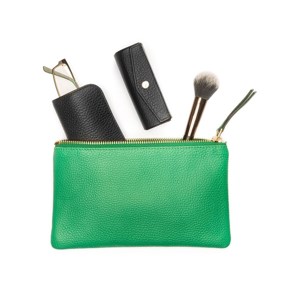 Medium leather makeup bag, emerald, open