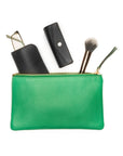 Medium leather makeup bag, emerald, open