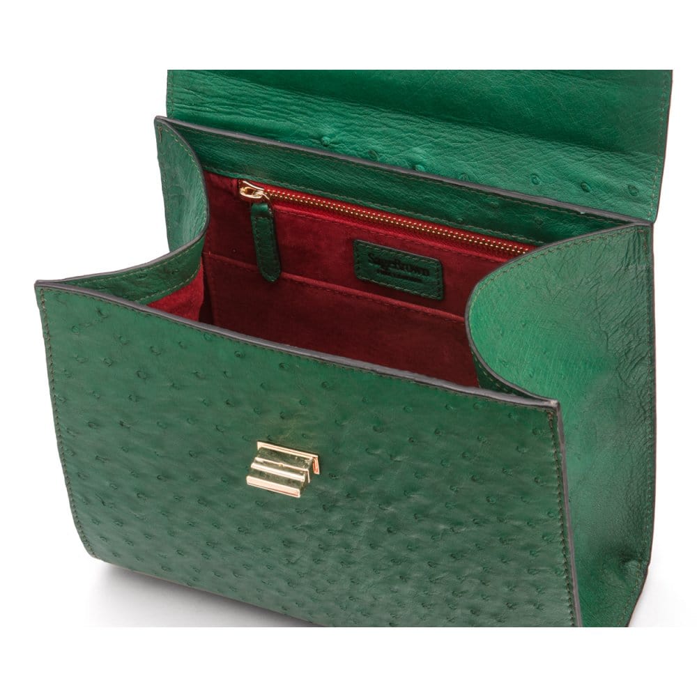 Real ostrich top handle bag, emerald green,, inside view