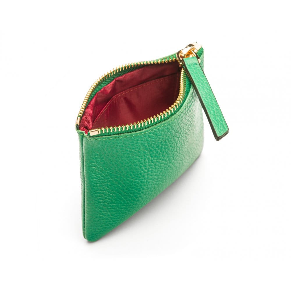 Small leather makeup bag, emerald green, open