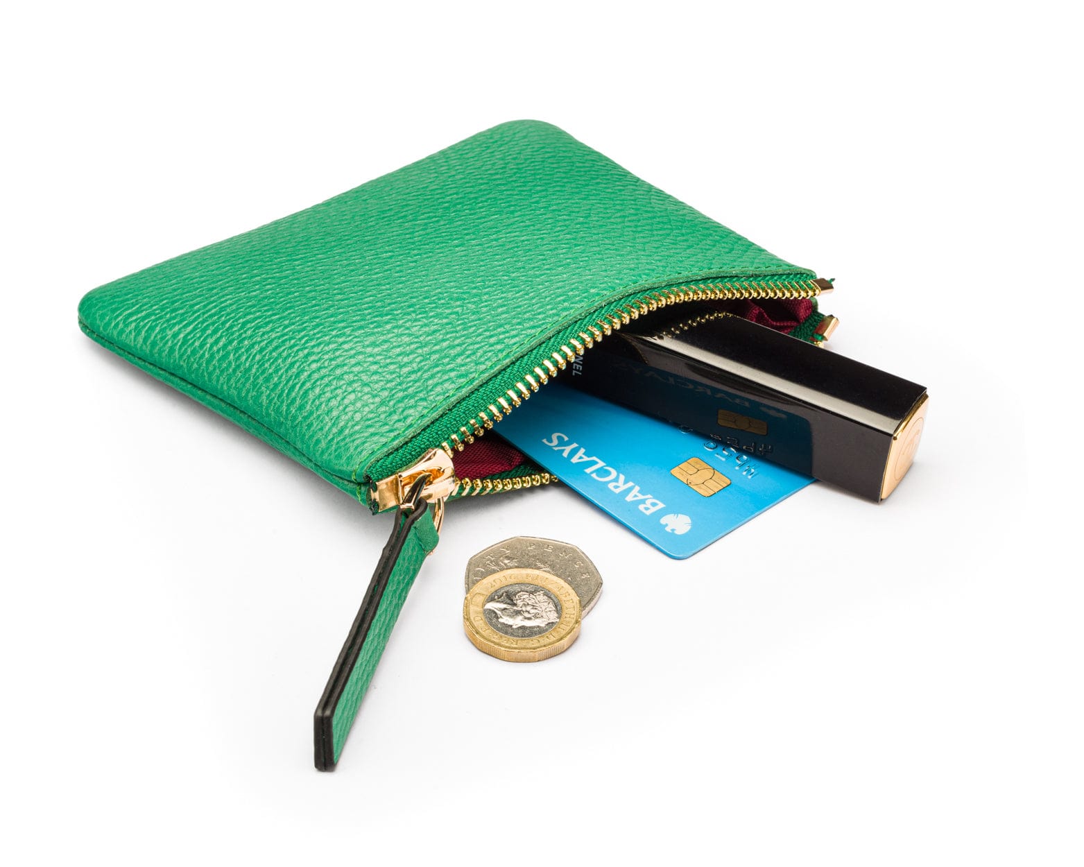 Small leather makeup bag, emerald green, inside view