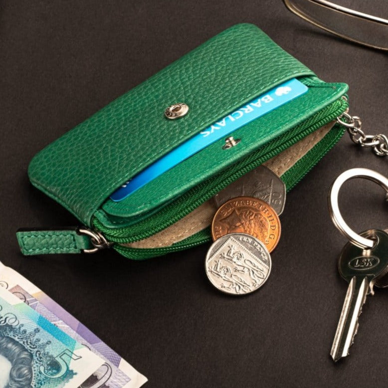 Small leather zip coin purse, emerald green, lifestyle