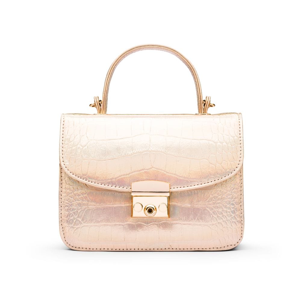 Small leather top handle bag, gold croc, front
