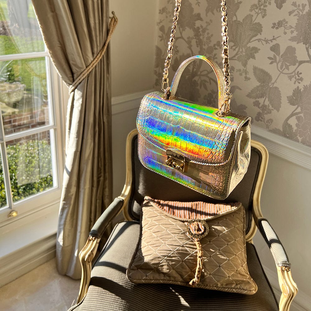 Small leather top handle bag, gold croc, lifestyle