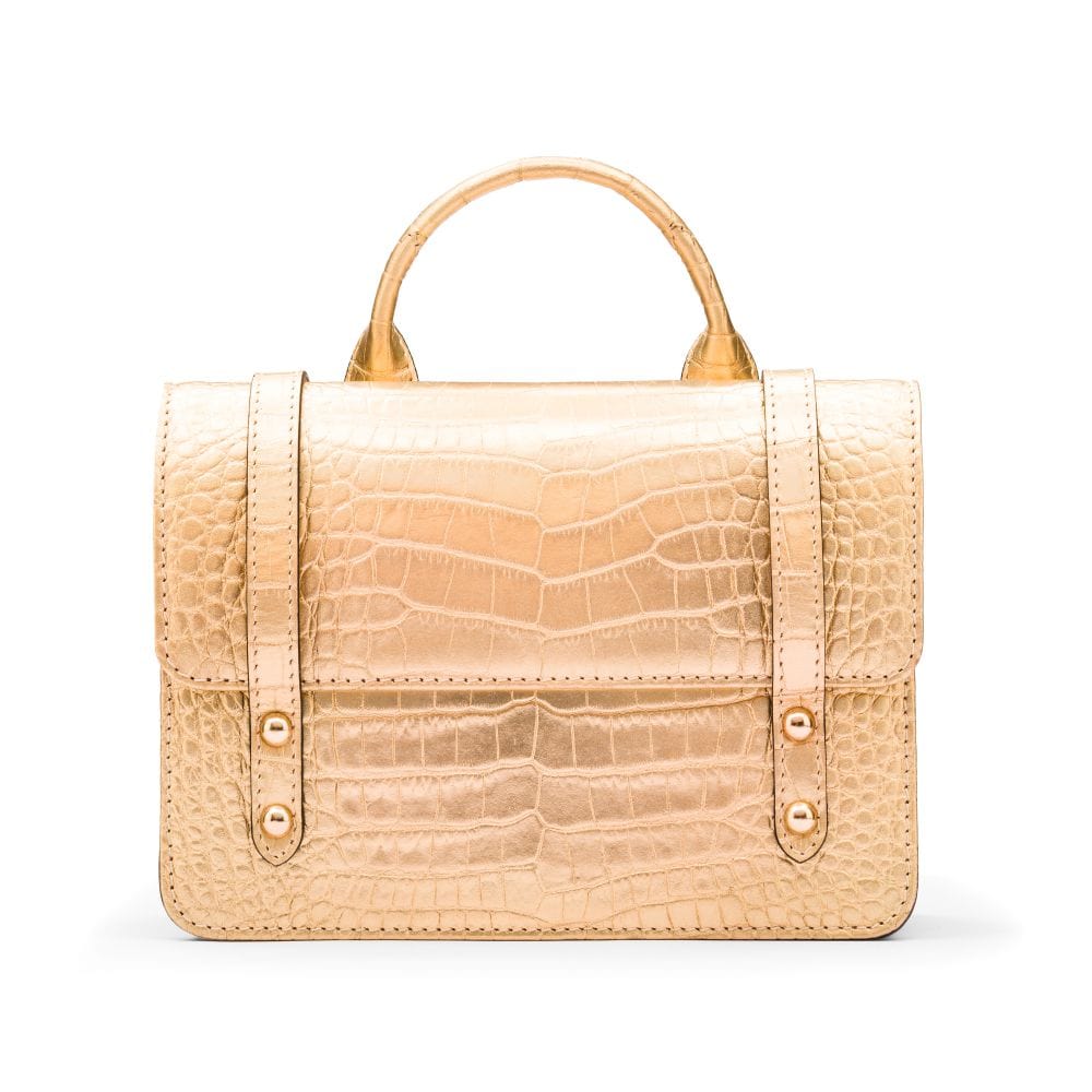 Mini top handle Harmony music bag, gold croc, front view