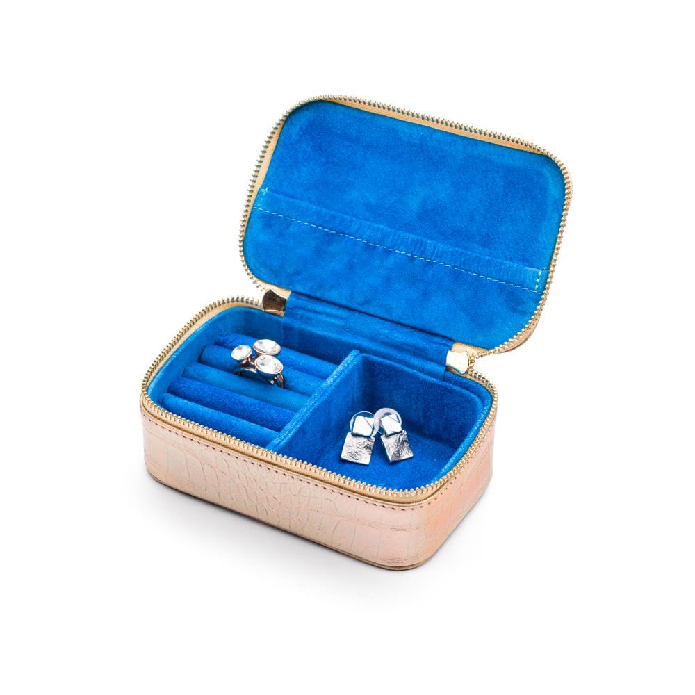 Rectangular zip around jewellery case, gold croc, open