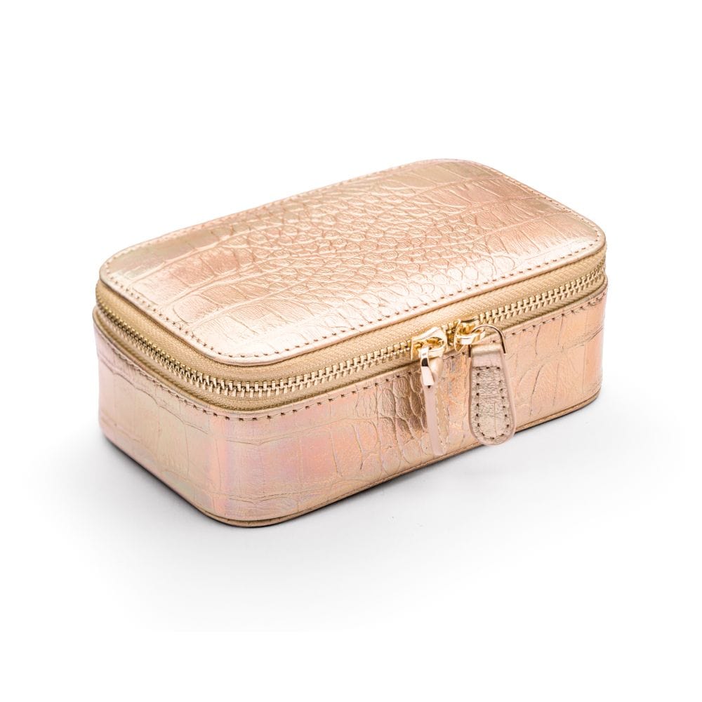 Rectangular zip around jewellery case, gold croc, front