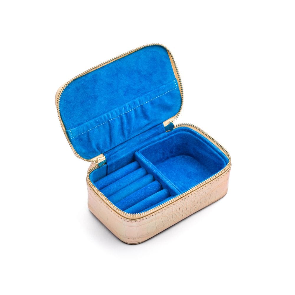 Rectangular zip around jewellery case, gold croc, inside