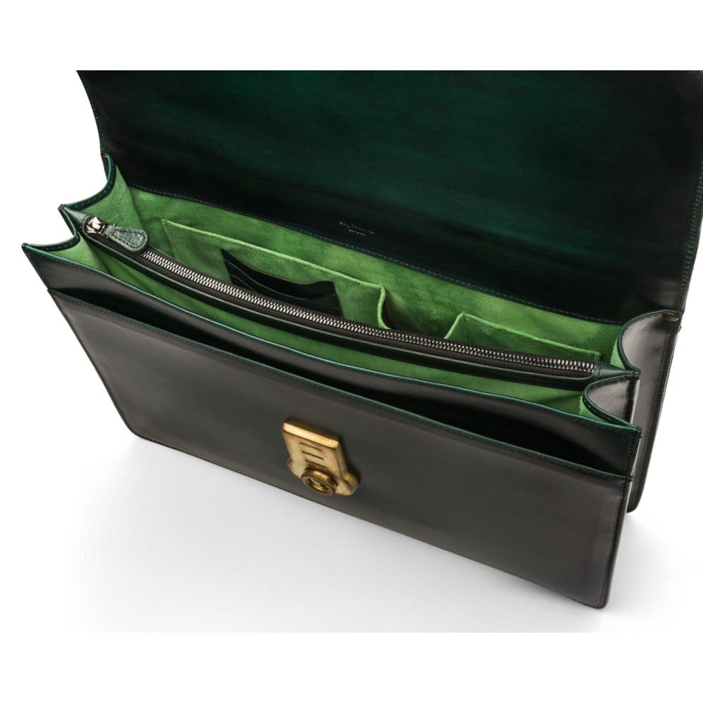 Burnished leather briefcase with brass lock, Harvard, green, inside