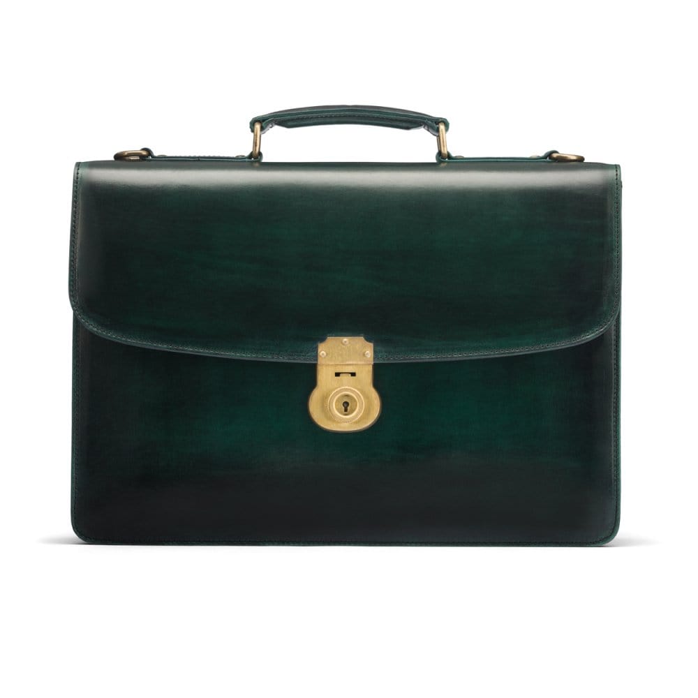 Burnished leather briefcase with brass lock, Harvard, green, front