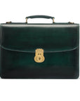 Burnished leather briefcase with brass lock, Harvard, green, front