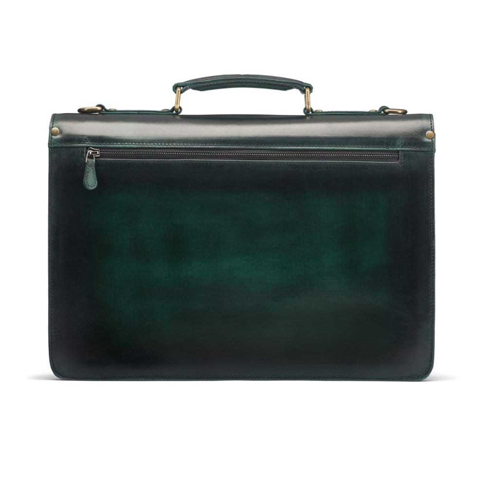 Burnished leather briefcase with brass lock, Harvard, green, back