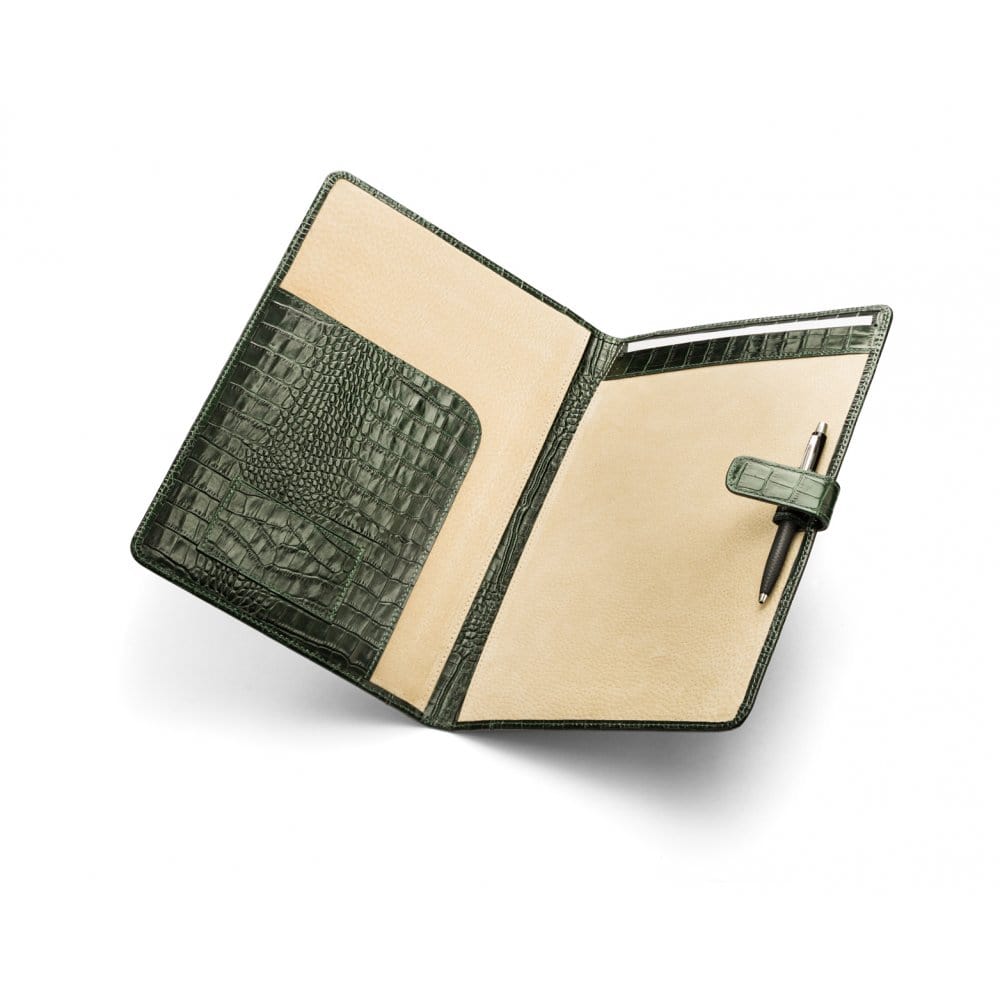 Leather conference folder, green croc, open