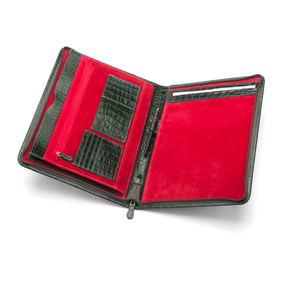 A4 leather notepad folder, green croc, inside