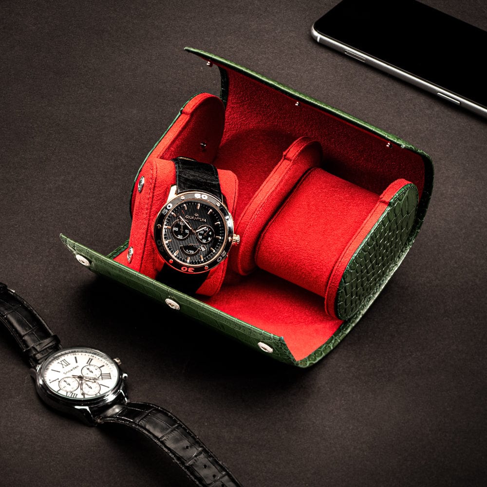 Double watch roll, green croc, lifestyle