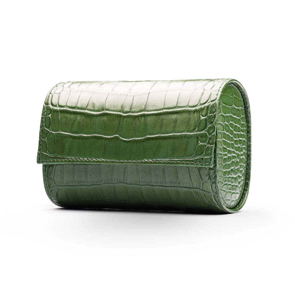 Double watch roll, green croc, front