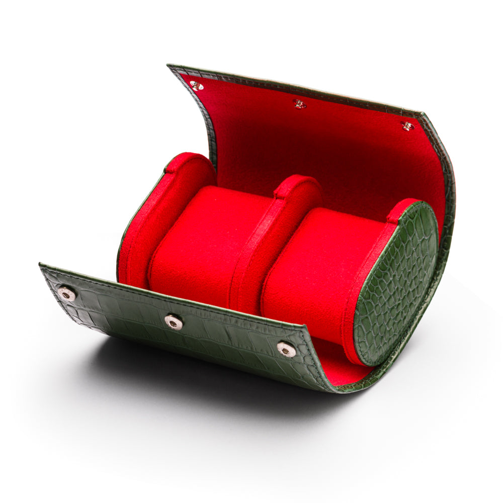 Double watch roll, green croc, open