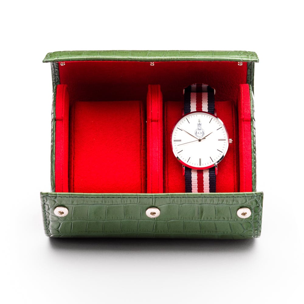 Double watch roll, green croc, with watch
