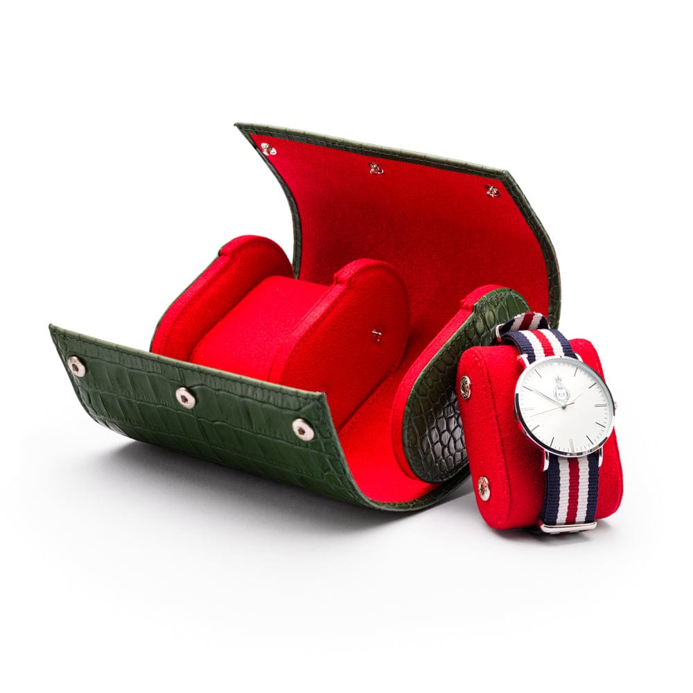 Double watch roll, green croc, with detachable watch pad