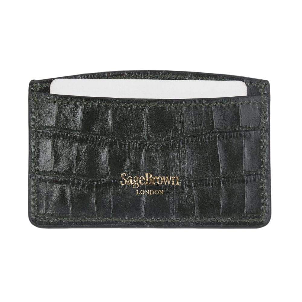 Green Croc Leather Flat Credit Card Case With RFID Blocking Lining