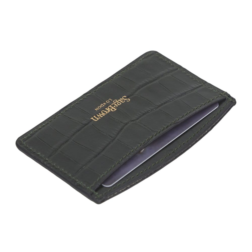 Green Croc Leather Flat Credit Card Case With RFID Blocking Lining