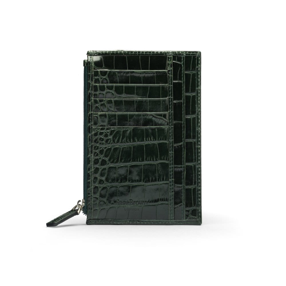 Flat leather card wallet with jotter and zip, green croc, back