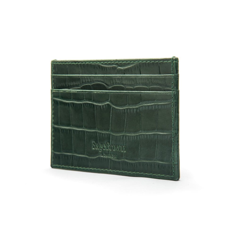 Flat leather credit card wallet 4 CC, green croc, back