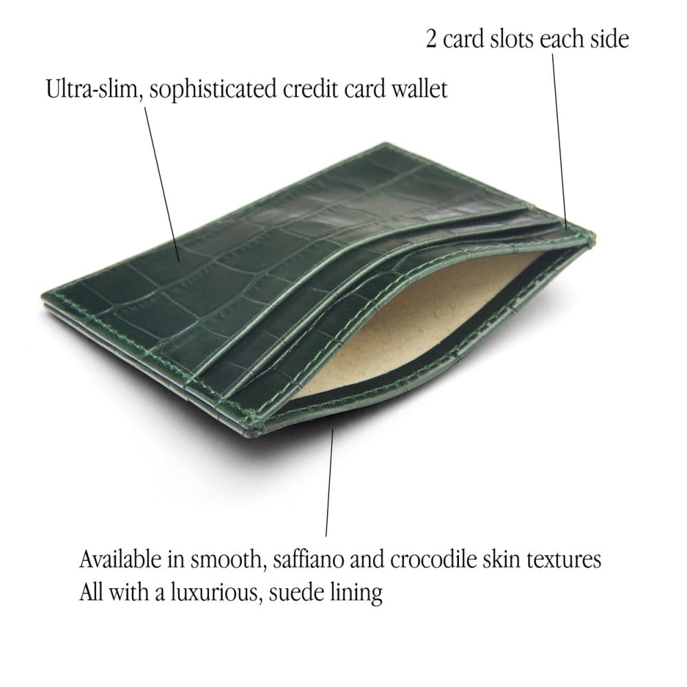 Flat leather credit card wallet 4 CC, green croc, features
