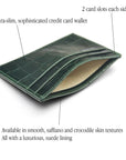 Flat leather credit card wallet 4 CC, green croc, features