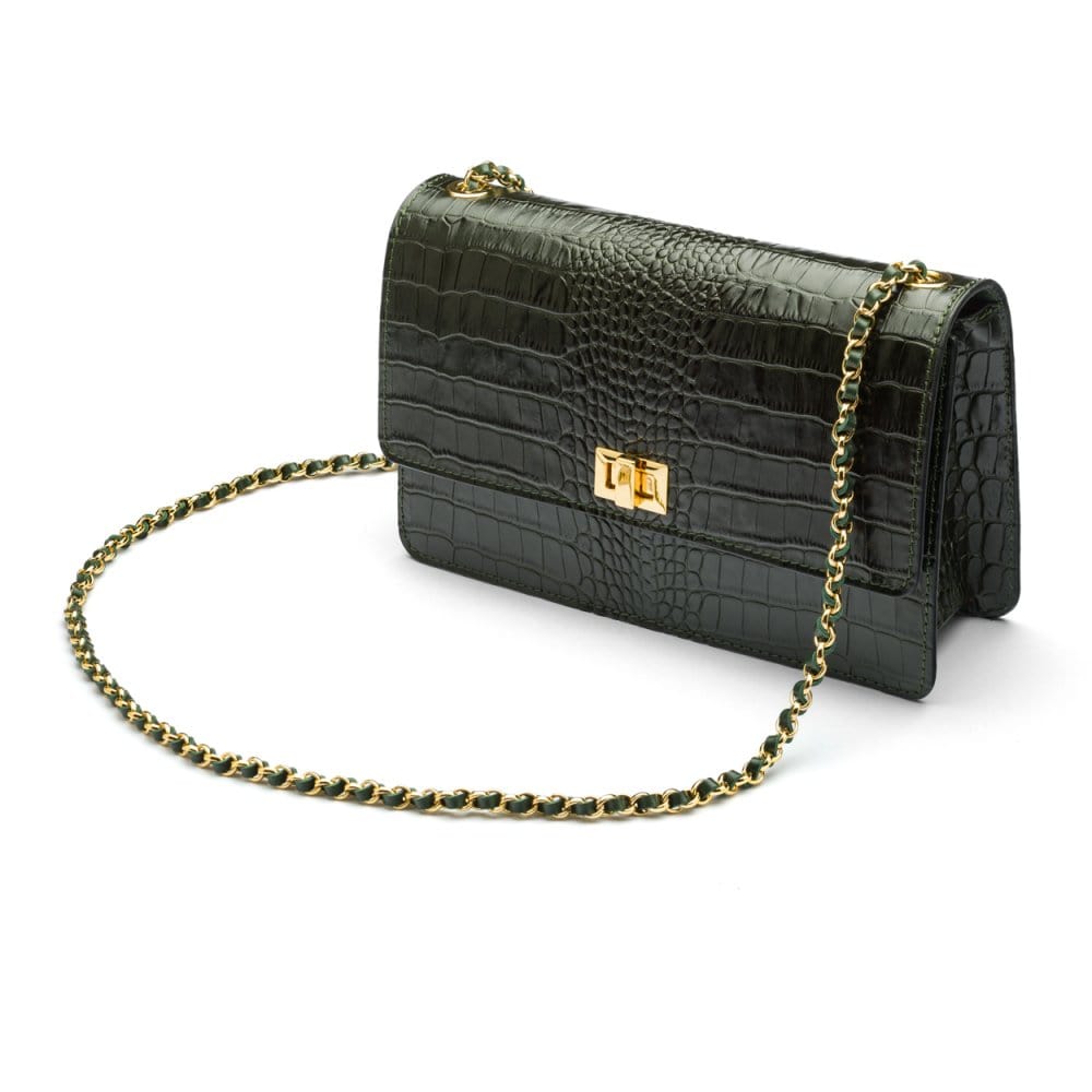 Leather chain bag, green croc, side view