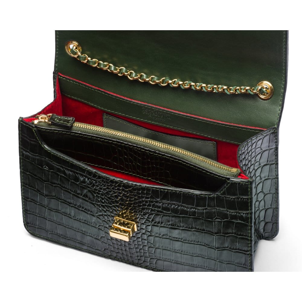 Leather chain bag, green croc, inside view