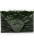 Leather business card envelope, green croc, front