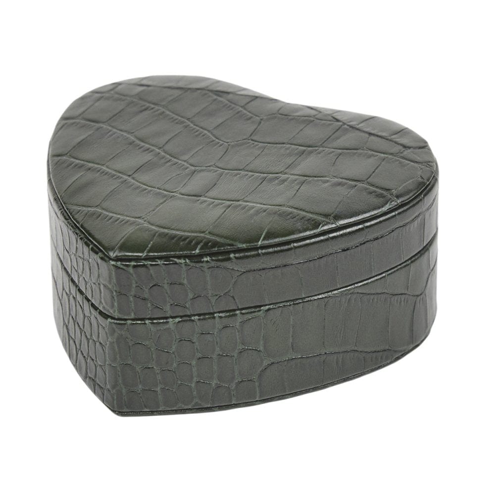 Leather heart shaped jewellery box, green croc, side