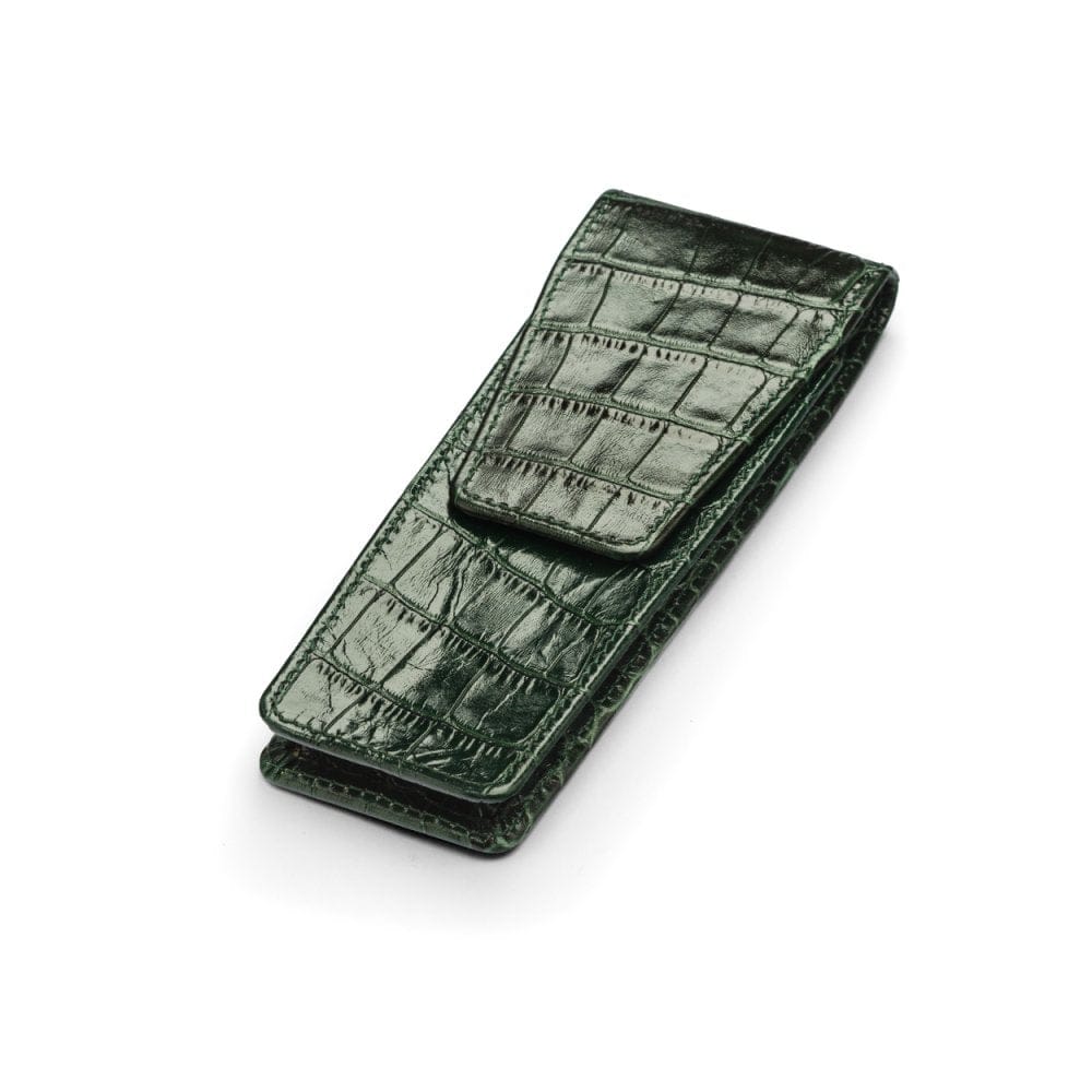 Leather pen case, green croc, side